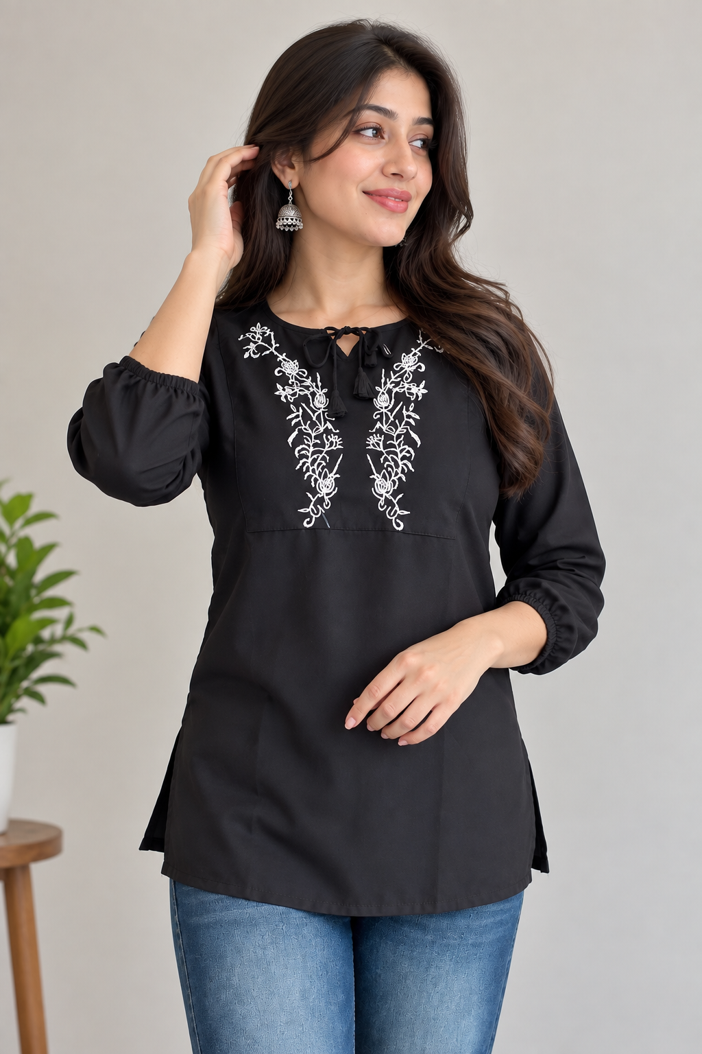 Black Floral Embroidered Short Kurti